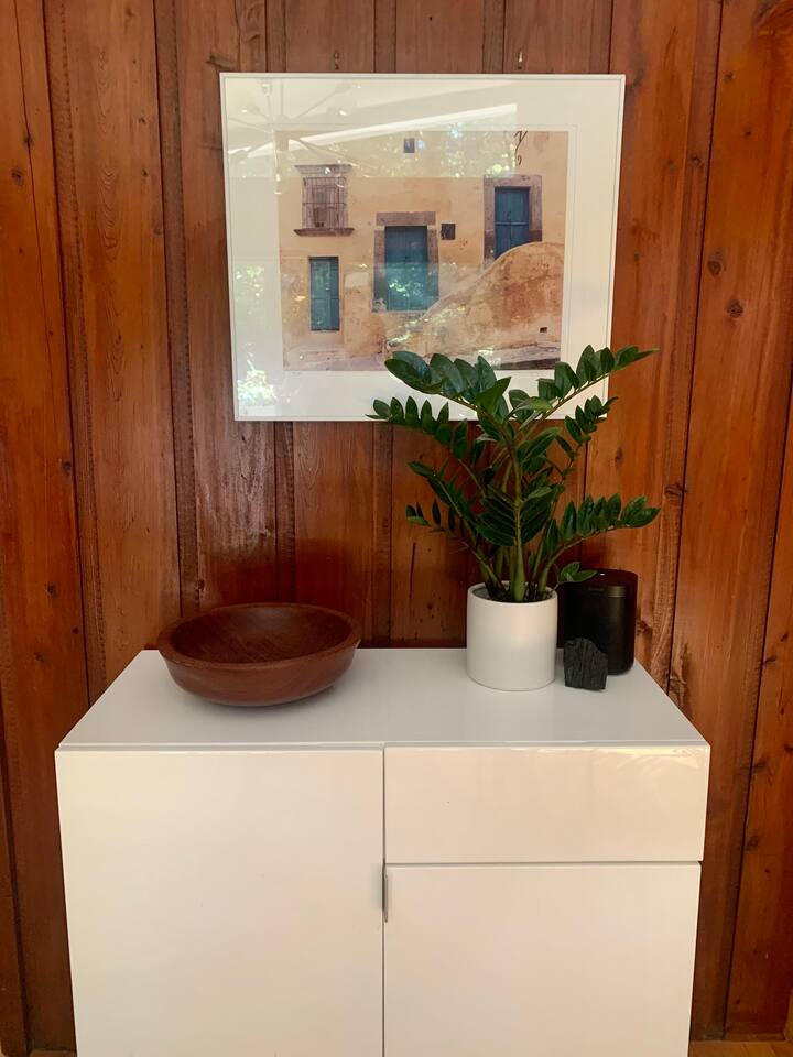 The room exudes an elegant aesthetic with its meticulously arranged cabinet. A tastefully placed plant in a white pot adds a touch of natural beauty to the space.The backdrop of the wooden wall further enhances the overall charm. - Mid-Century Designer w/ King Beds & Sonos Stereo - Chapel Hill