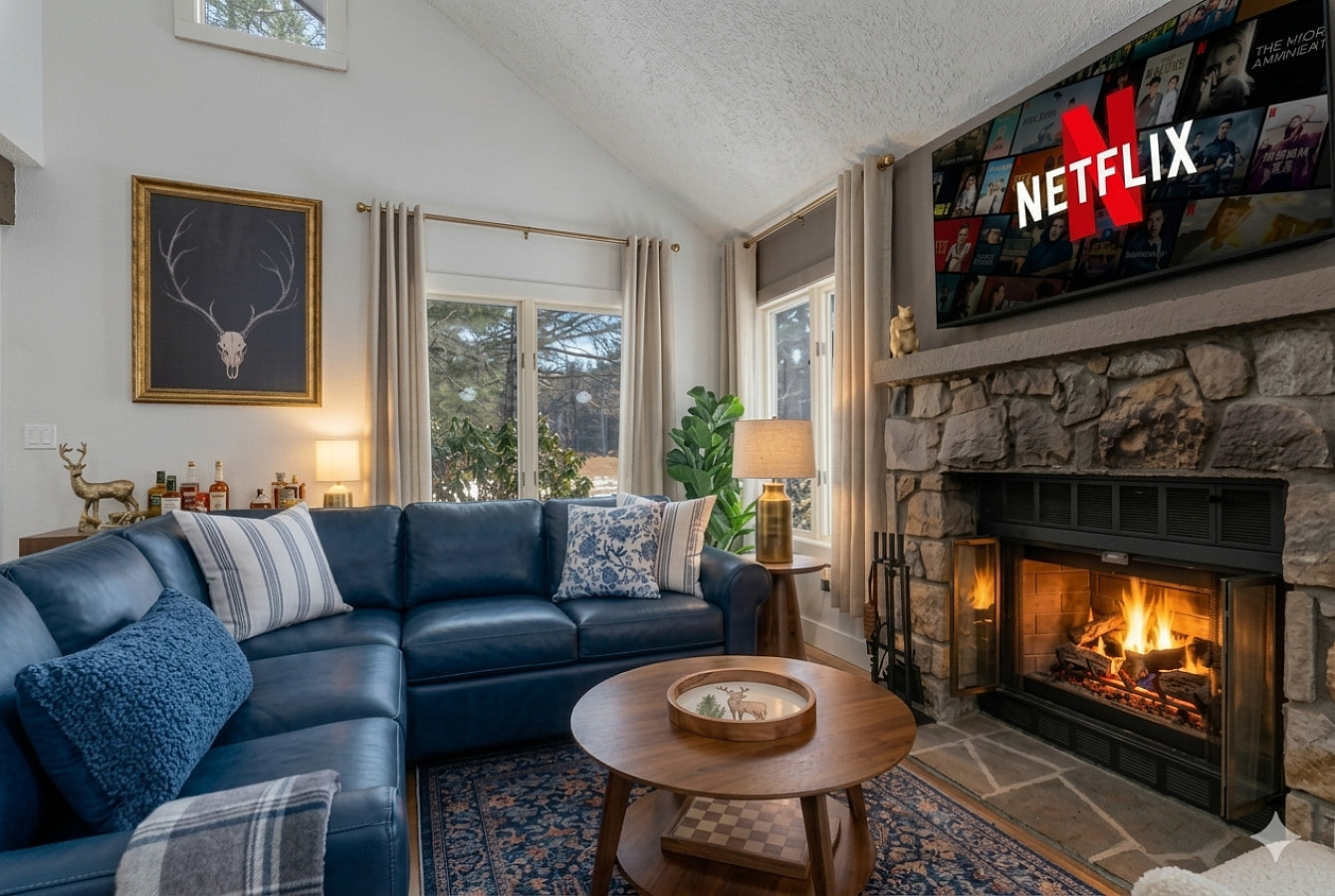 Cozy up by the fireplace, perfectly framed by the beautiful glass windows—bringing warmth and scenic views to the heart of the living room.