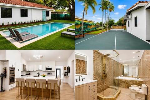 Overview of the private pool, pickleball court, kitchen, and bathroom