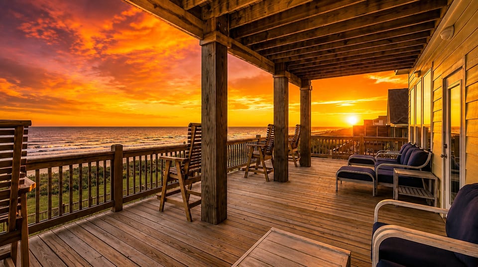 Spacious oceanfront deck with sunset views and relaxing lounge seating