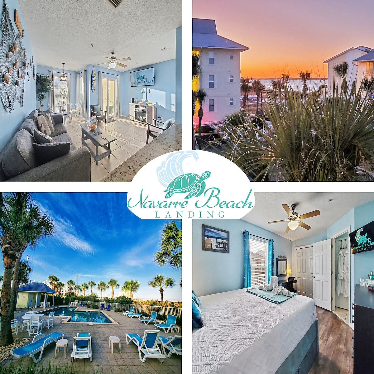 Picture collage of Navarre Beach Landing. Photo shows the living room, the sunset from the balcony, the pool area, and the bedroom.