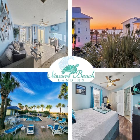 Picture collage of Navarre Beach Landing. Photo shows the living room, the sunset from the balcony, the pool area, and the bedroom.