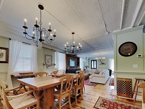 Table is made from reclaimed barn wood and great for a large dinner.