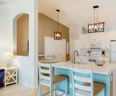 A full kitchen with appliances, utensils, coffee bar!