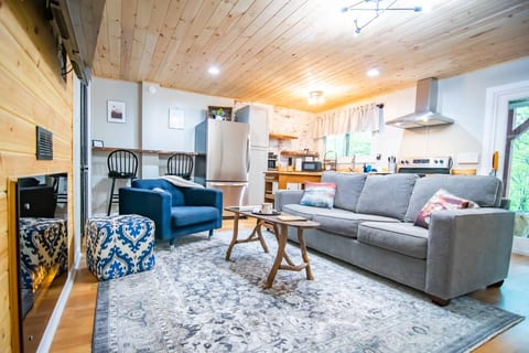 Cozy living area with electric fireplace! Breakfast bar and coffee table for dining options.