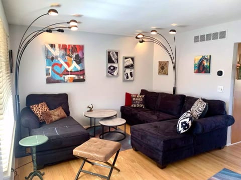 Main level living room, cozy conversation space.
