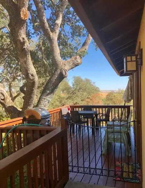 Gated deck with BBQ, table, chairs and seating.