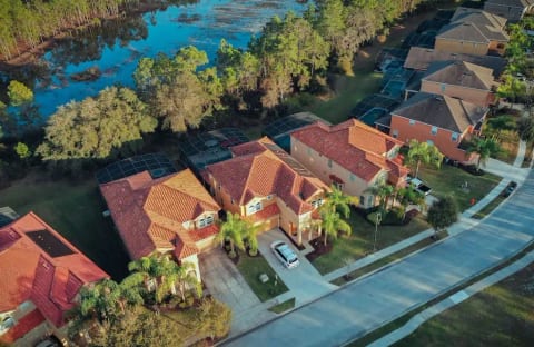 Drone view showing lake proximity to villa