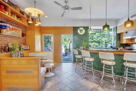 View of the kitchen with garden in background