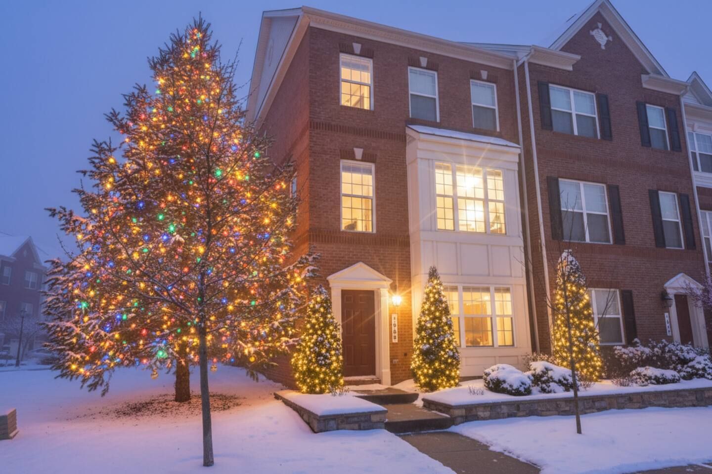 Warm, inviting brick townhouse with festive lights and snowy curb appeal