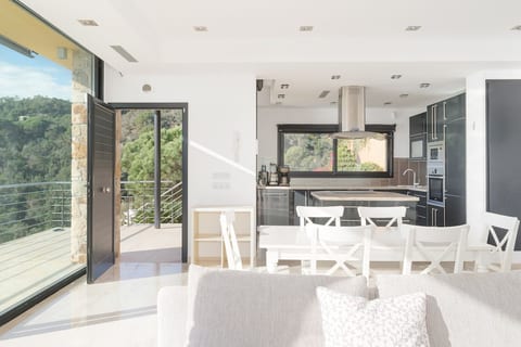 Open kitchen, dining room overlooking the sea
