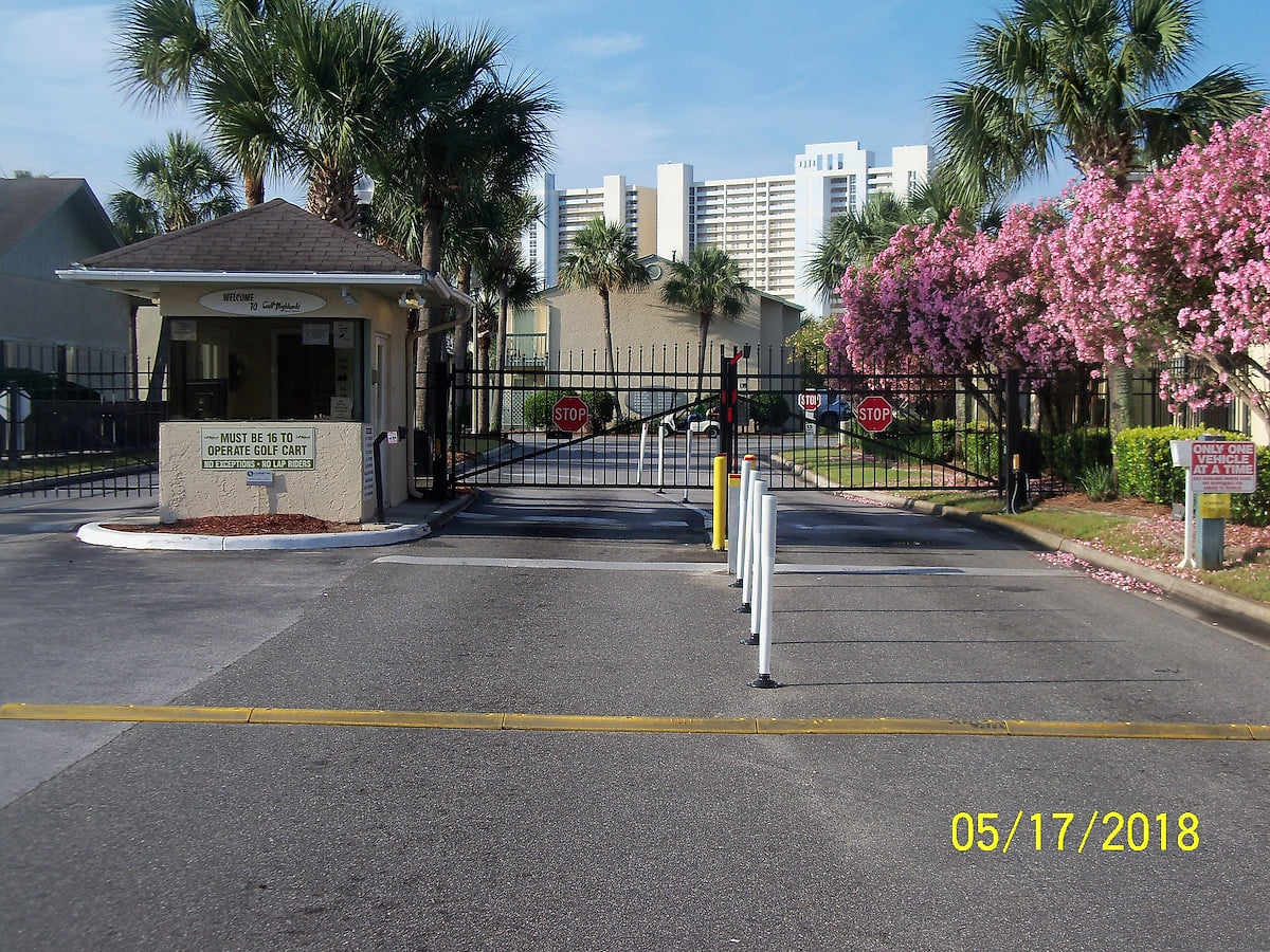 The main entrance gate to the Gulf Highlands Beach Resort complex.