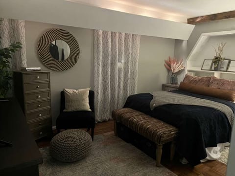 Queen bedroom with closet + tv + lovely natural light