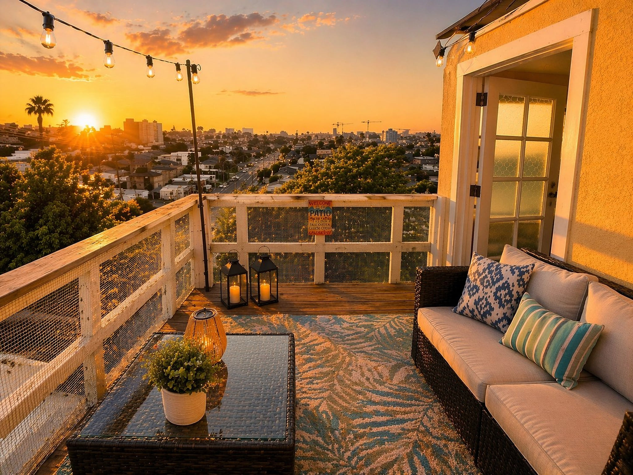 Rooftop terrace with skyline views, cozy seating & sunset vibes