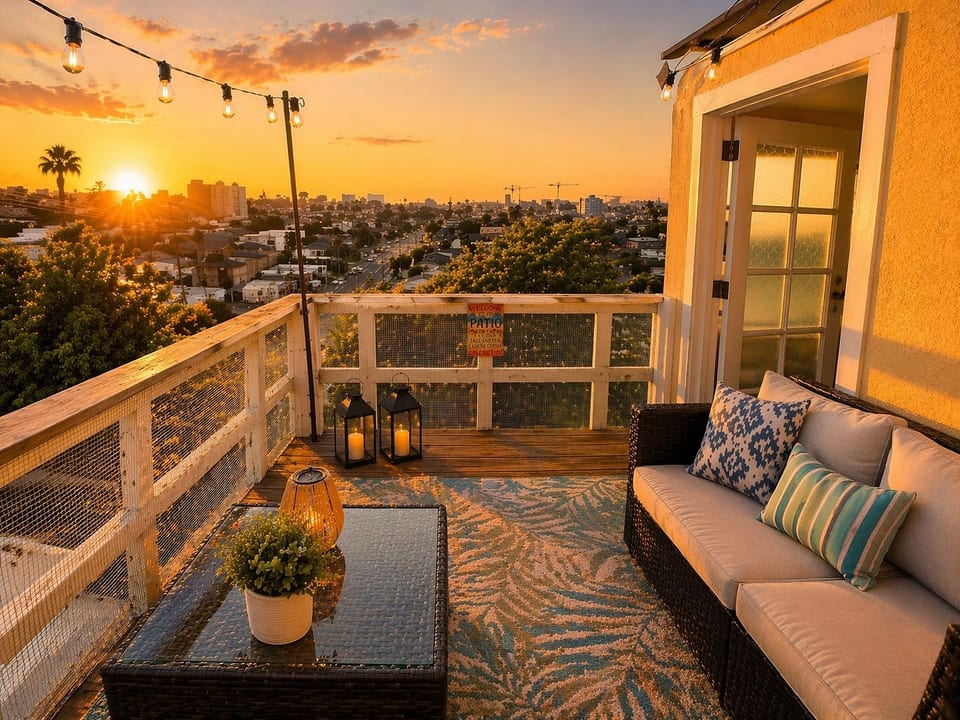 Rooftop terrace with skyline views, cozy seating & sunset vibes