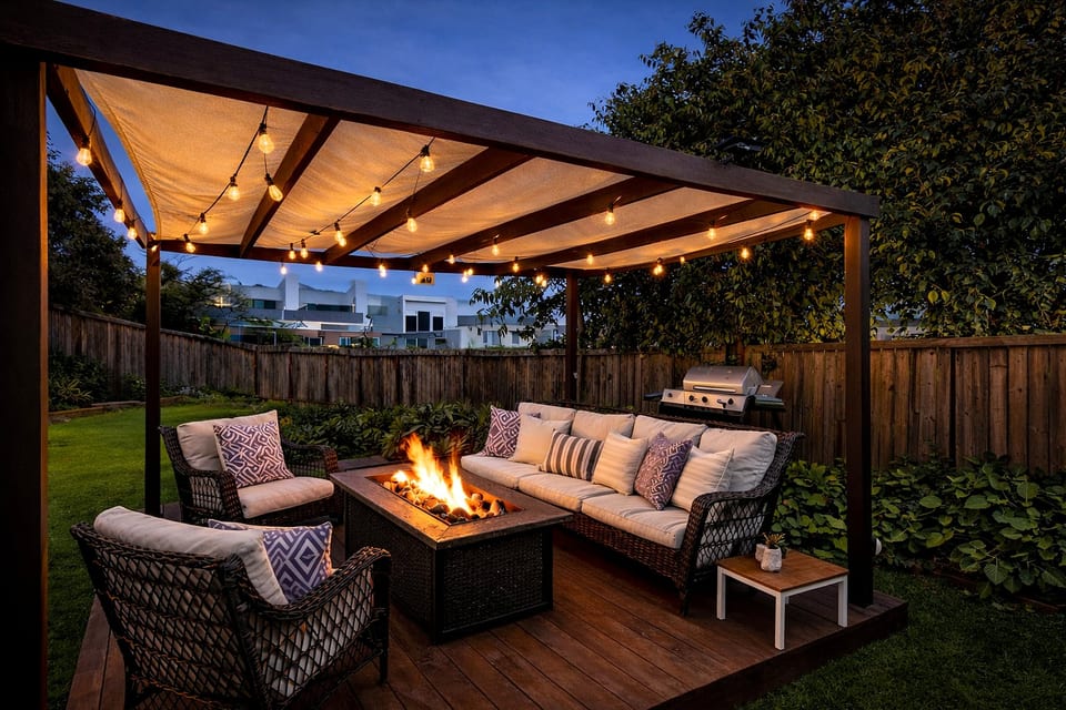 Pergola lounge with fire pit, plush seating, grill & twinkle lights