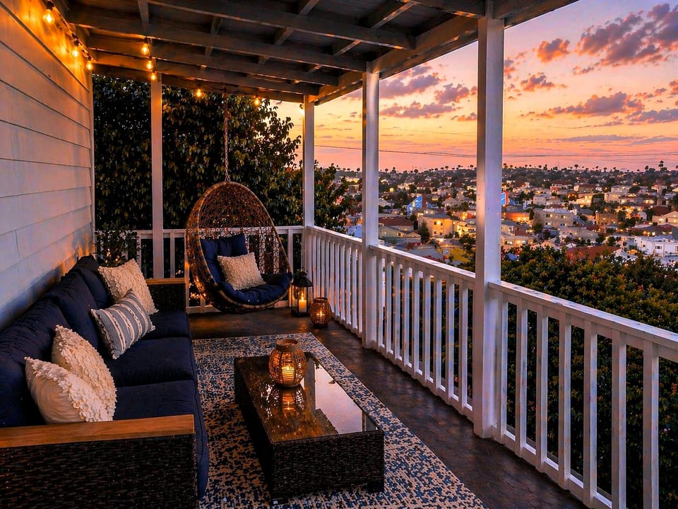 String-lit veranda with egg chair and sweeping sunset city views