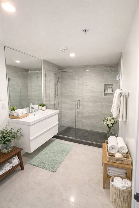 Spa-like bath with glass walk-in rain shower, plush towels, and amenities