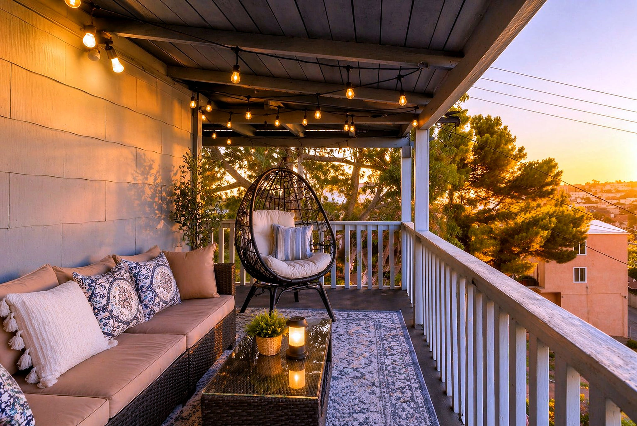 Cozy string-lit deck with sunset views and chic egg chair lounge