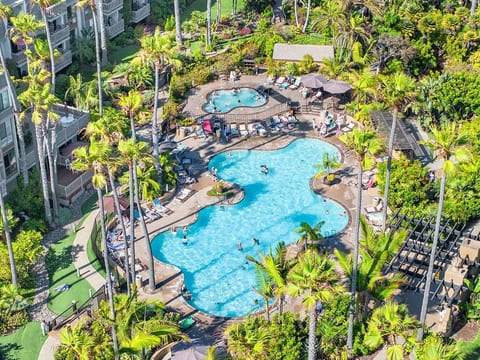 Lagoon-style pool, dual hot tubs, loungers—your tropical escape.