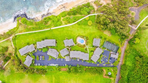 From above green lawns, a curvy pool, and the beach just past the path.