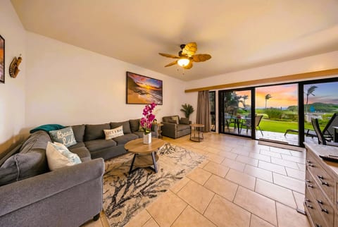 Stretch across the sleeper sectional as sunrise spills through open sliders.