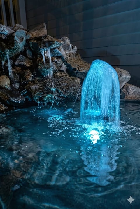 Gardens fountain at night.