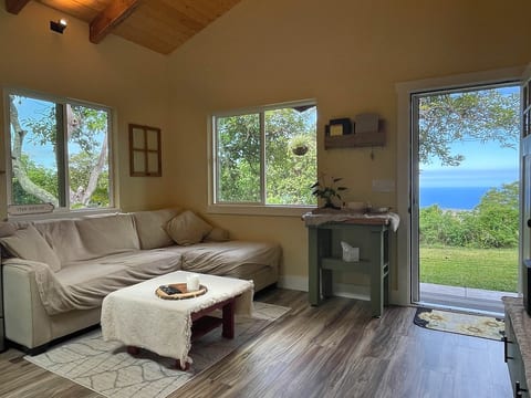 Comfy corner sectional with views out the front door.