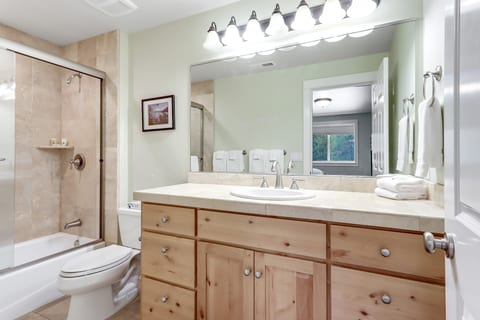 Bright full bath with large vanity, tub-shower combo, and plenty of storage