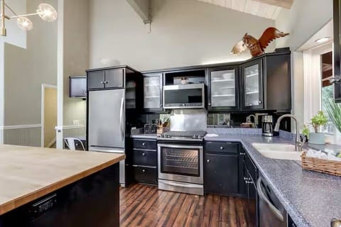 Bright vaulted kitchen with island, stainless appliances, and great light