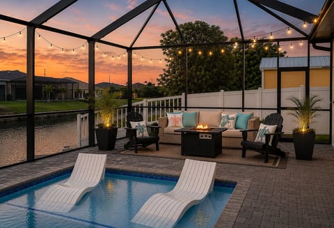 Unwind by the water with comfortable seating and a fire table.