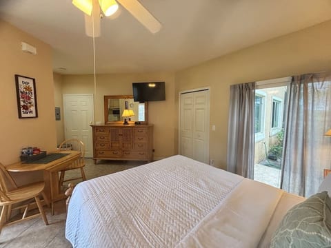 Spacious bedroom featuring a large bed, dresser storage, TV, small table with seating, and plenty of natural light.