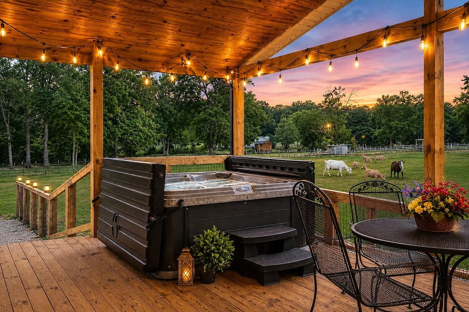 Soak in the hot tub while overlooking the animals grazing in the pasture