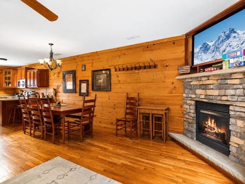 Dining area next to fireplace