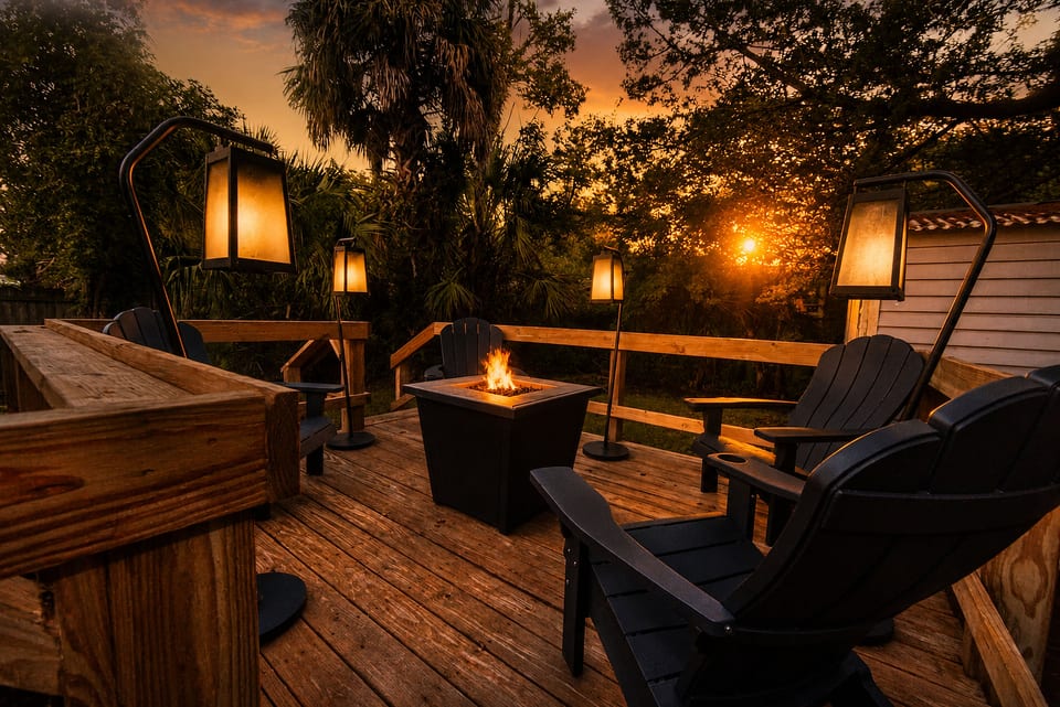 Sunset deck with fire pit, lantern lighting, and cozy Adirondack seating