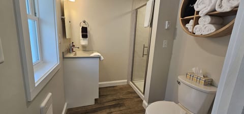 Sparkling clean bathroom with fresh towels and all the essentials