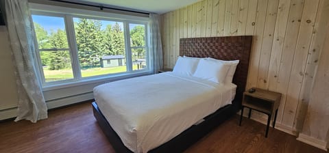 Cozy queen bedroom with large windows, natural wood accents, and peaceful views of the property grounds.