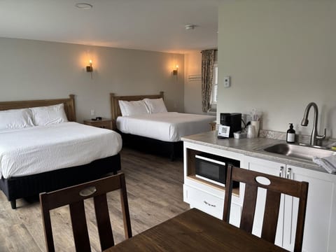 Spacious studio suite with two queen beds, a kitchenette, and comfortable accommodations for families or groups.