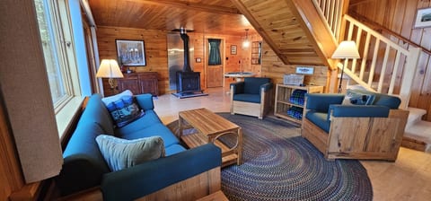 Cozy log cabin living room with a wood stove, comfortable seating, and warm rustic interiors perfect for a relaxing lakeside getaway.