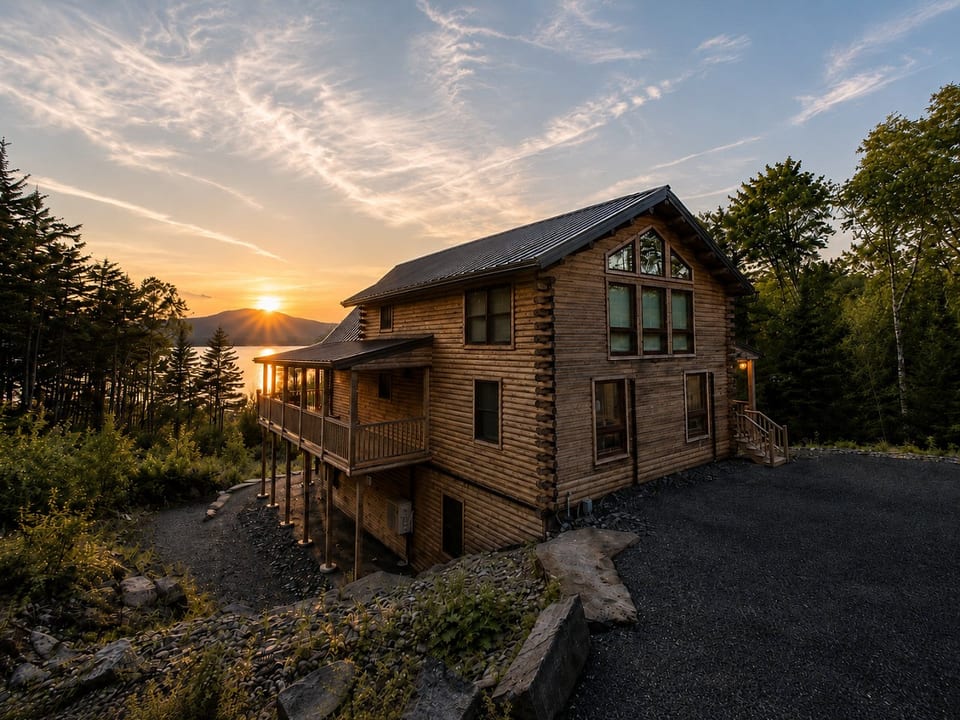 Stunning log cabin surrounded by nature with beautiful sunset views over the water and mountains.