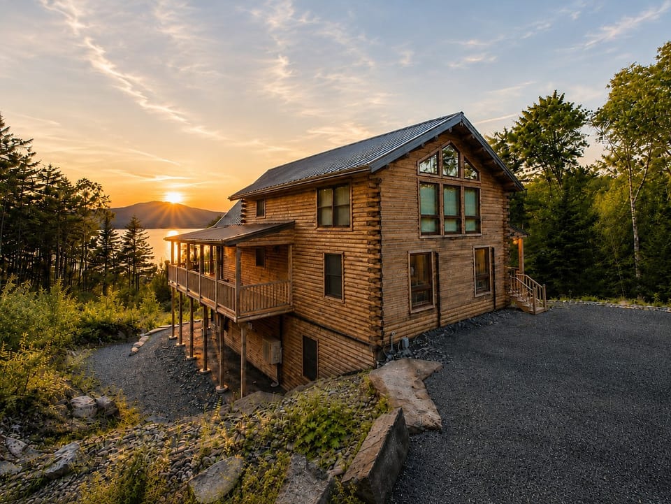 Stunning log cabin surrounded by nature with beautiful sunset views over the water and mountains.