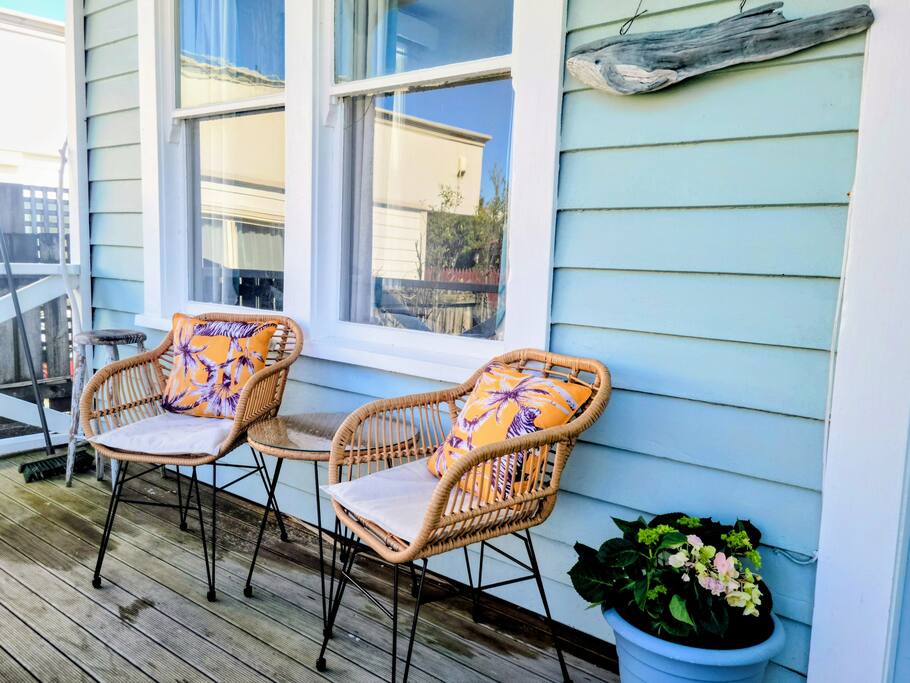 Enjoy your morning coffee on the front porch admiring the historic buildings of Hokitika across the road. 