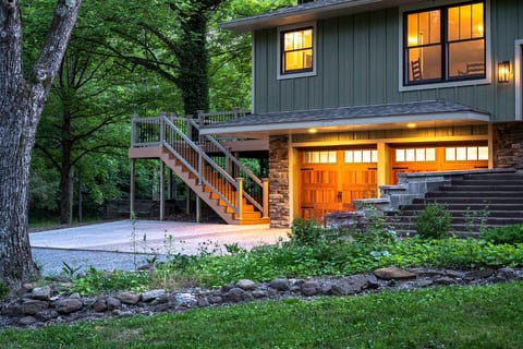 Stairs to the balcony deck with seating