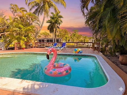 Dive into fun at this tropical pool featuring floats, palm trees & sunset views.