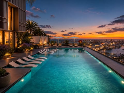 Rooftop infinity pool at sunset — palm trees, lounge chairs & Miami skyline ablaze with golden light