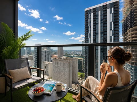 Expansive balcony with unobstructed views of Downtown Miami — your morning coffee spot 34 floors up