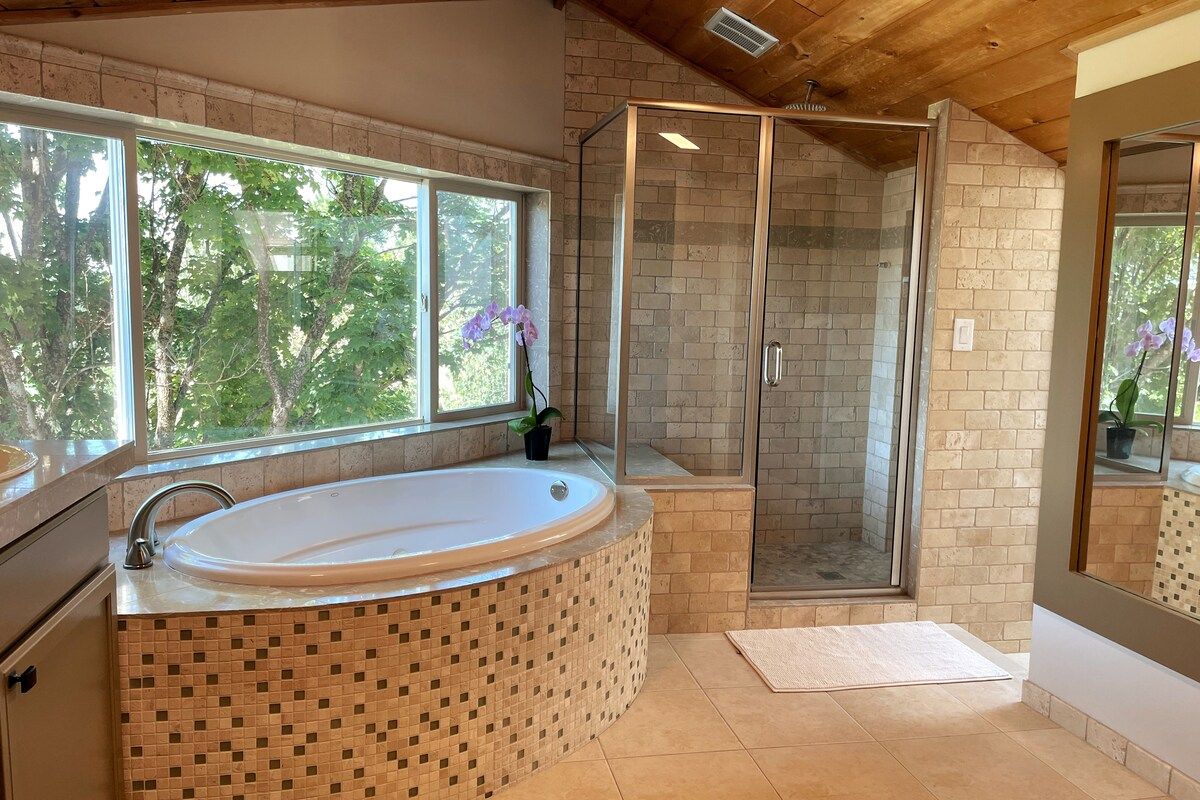 Master Bathroom: Jetted Tub, Walk-in Shower, and Two large walk-in closets with luggage racks