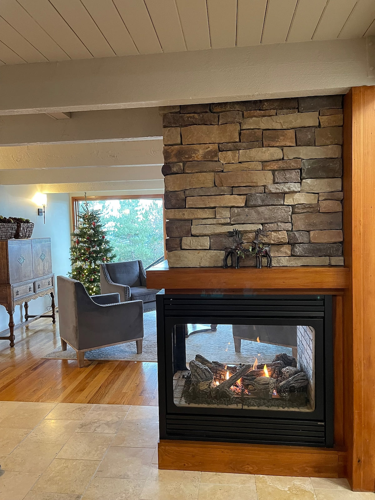 Living Room with Live Tree during the Holidays