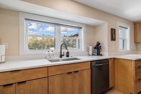 Modern kitchen with outside view.