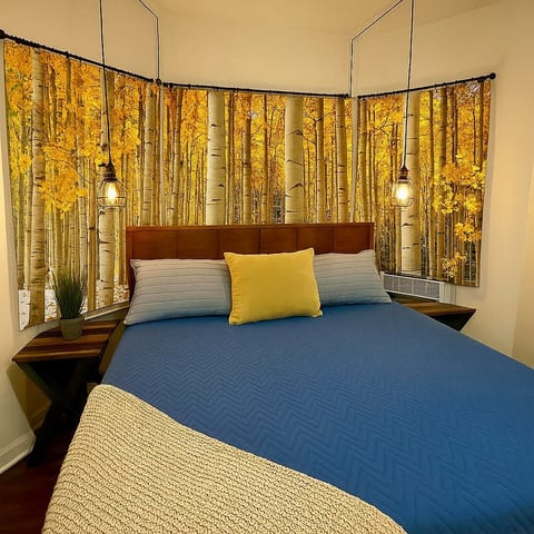 Enjoy the master bedroom with attached bathroom, The king bed has a comfortable mattress & two side tables.  There is also a dresser, closet and Smart TV